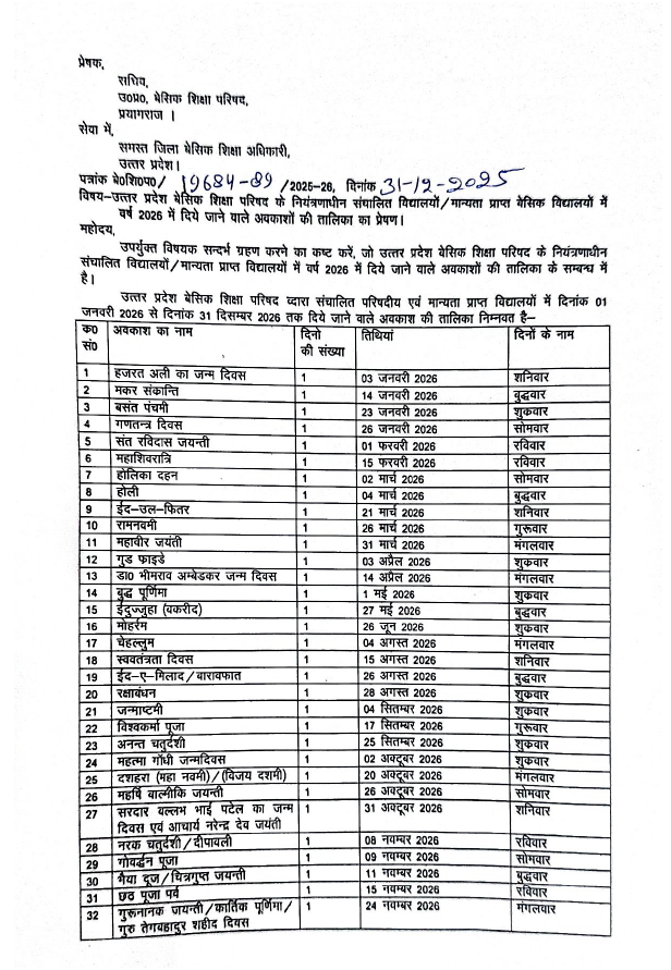 UP Basic School Holiday List 2026